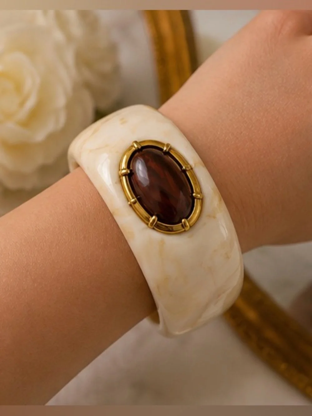 Vintage Cream Marbled Resin Cuff Bracelet with Brown Cabochon – Gold-Tone Statem